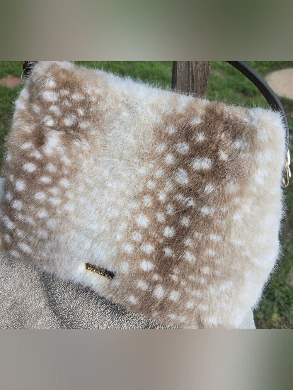 BCBGeneration Faux Fur Crossbody Bag in Cream and Brown Spotted
